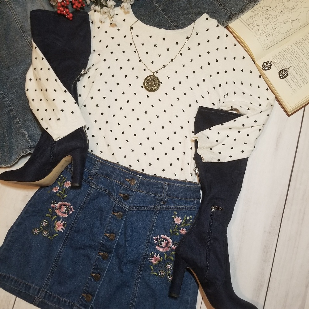 Loft| Crew Neck Star Print Sweater With 3/4 Sleeve
